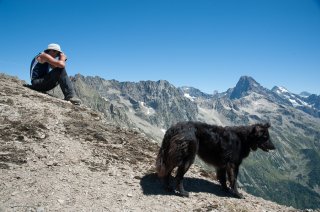 Henri, éleveur du Valgaudemar et son chien ont repéré des brebis égarées. Hautes-Alpes